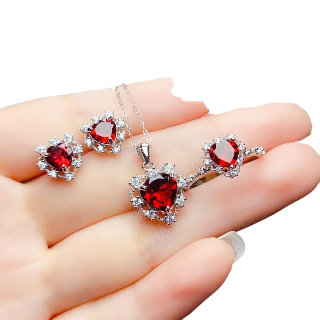 925  Silver Natural Garnet Heart-shaped Gemstone Ring Pendant Earrings Jewelry Set Luxury Engagement Wedding Party Gift Jewelry