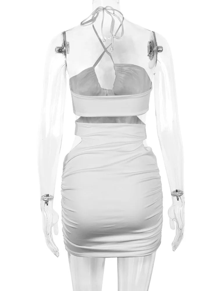 Kesiachiccly Double Layers Ruched Bodycon Dress Women Halter Bandage Mini Dress Summer White Skinny Stretchy Party Vestidos