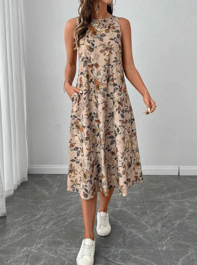 Women's Fashion New Floral Print Pocket A-line Dresses 2025 Summer Casual O-neck Sleeveless Party Midi Dress Woman Beach Dress