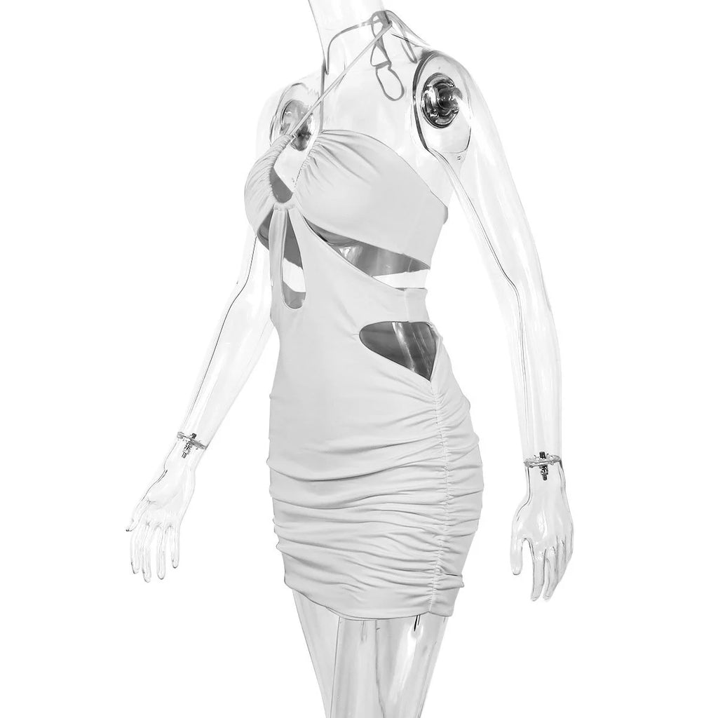 Kesiachiccly Double Layers Ruched Bodycon Dress Women Halter Bandage Mini Dress Summer White Skinny Stretchy Party Vestidos
