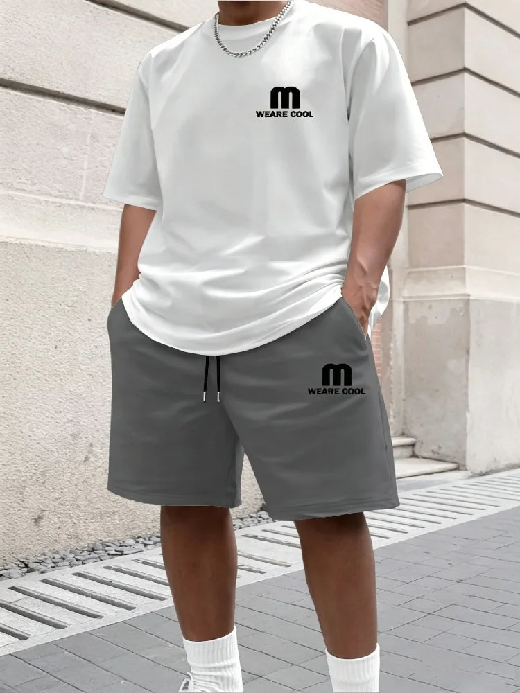 Summer Men's Sports Short Sleeved Shorts Set Street Style M Print Casual 2-piece Set Breathable Loose Fashion Outfit