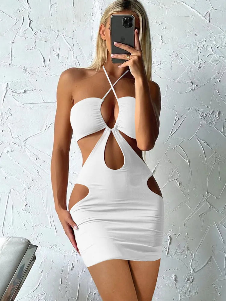 Kesiachiccly Double Layers Ruched Bodycon Dress Women Halter Bandage Mini Dress Summer White Skinny Stretchy Party Vestidos