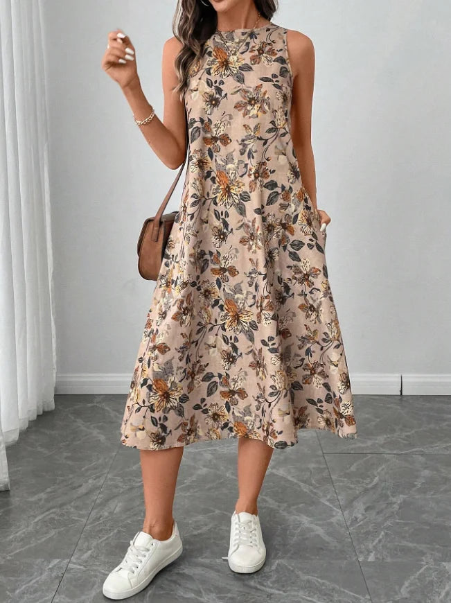 Women's Fashion New Floral Print Pocket A-line Dresses 2025 Summer Casual O-neck Sleeveless Party Midi Dress Woman Beach Dress