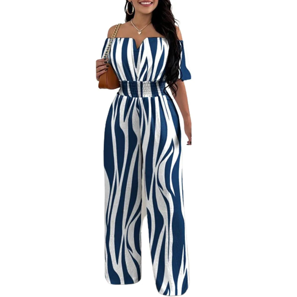 Jumpsuits for Women 2025 Spring Fashion Off Shoulder Casual Plain Short Sleeve Shirred Waist Daily Long Wide Leg Jumpsuit 2025