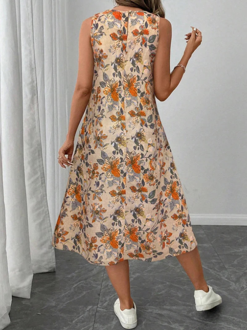 Women's Fashion New Floral Print Pocket A-line Dresses 2025 Summer Casual O-neck Sleeveless Party Midi Dress Woman Beach Dress
