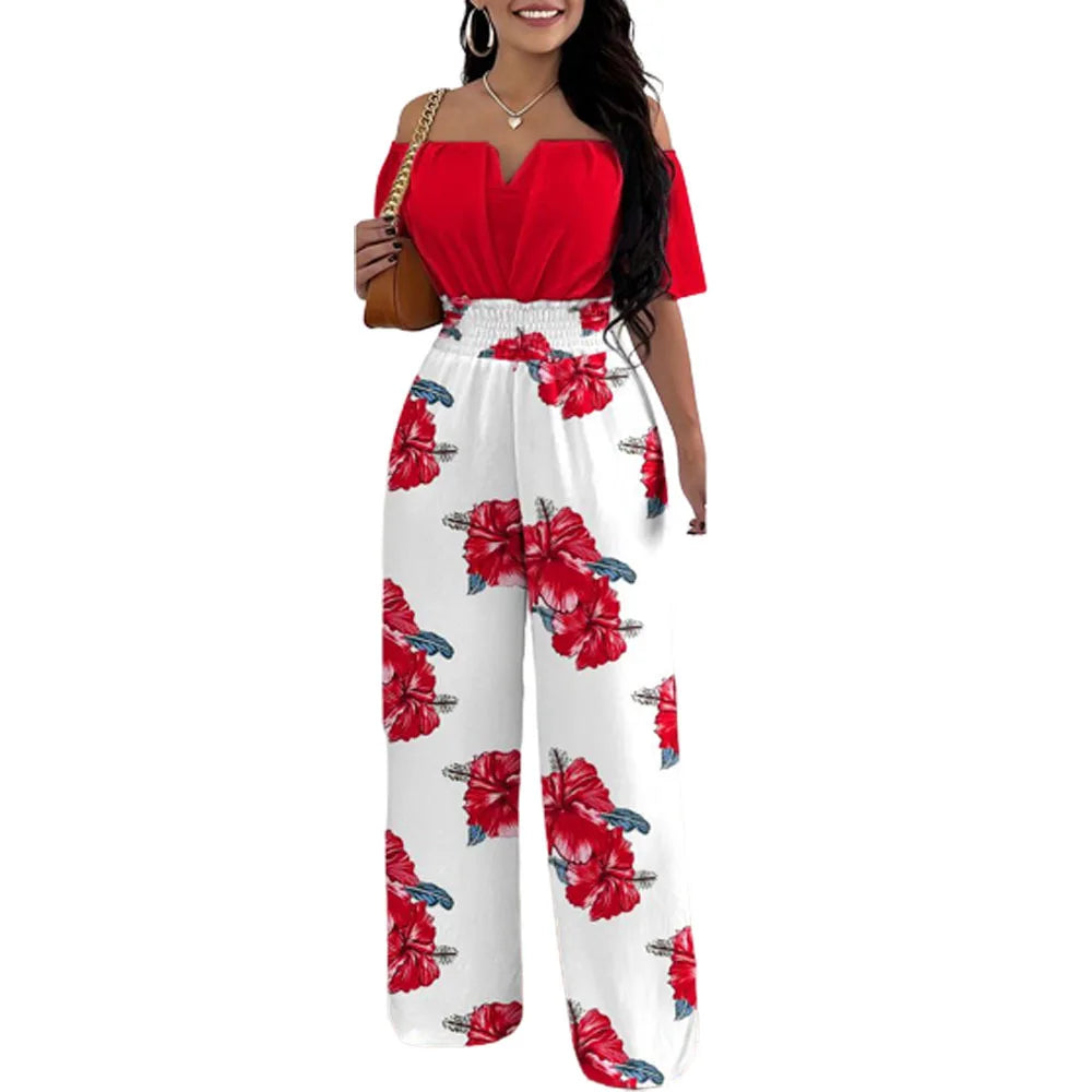 Jumpsuits for Women 2025 Spring Fashion Off Shoulder Casual Plain Short Sleeve Shirred Waist Daily Long Wide Leg Jumpsuit 2025