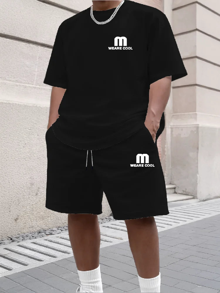 Summer Men's Sports Short Sleeved Shorts Set Street Style M Print Casual 2-piece Set Breathable Loose Fashion Outfit