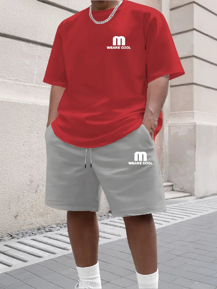 Summer Men's Sports Short Sleeved Shorts Set Street Style M Print Casual 2-piece Set Breathable Loose Fashion Outfit