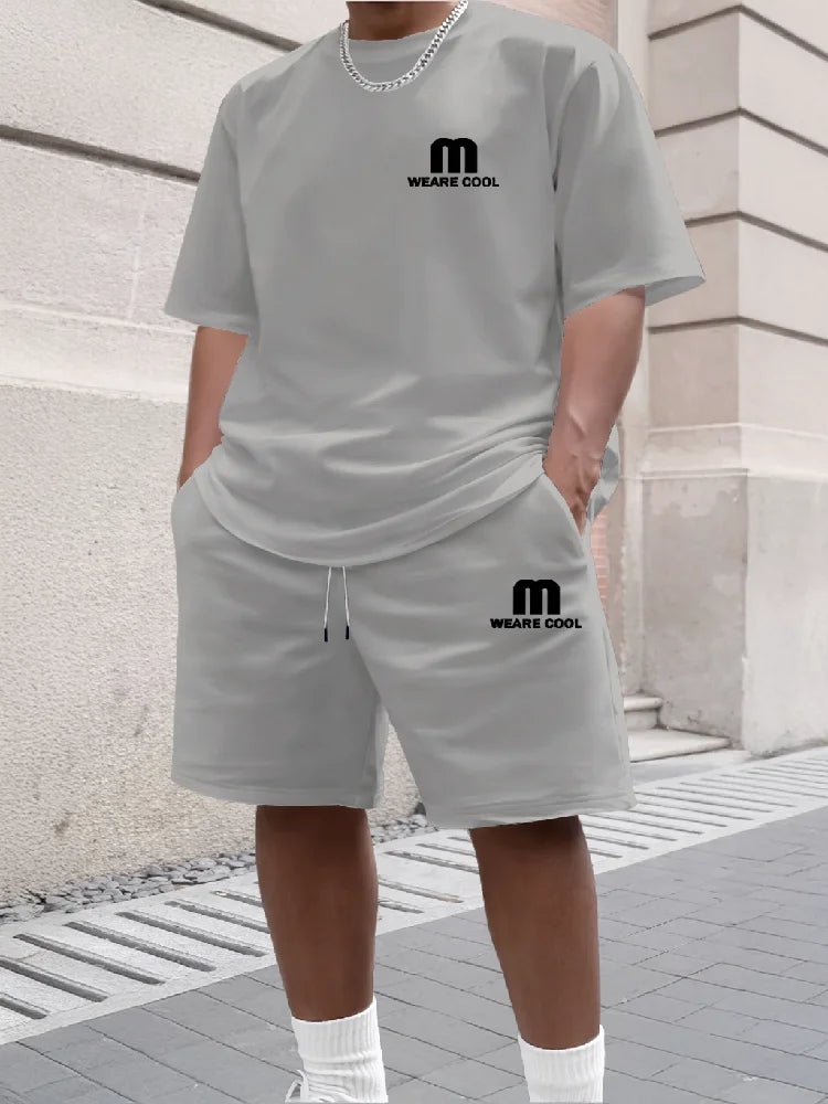 Summer Men's Sports Short Sleeved Shorts Set Street Style M Print Casual 2-piece Set Breathable Loose Fashion Outfit