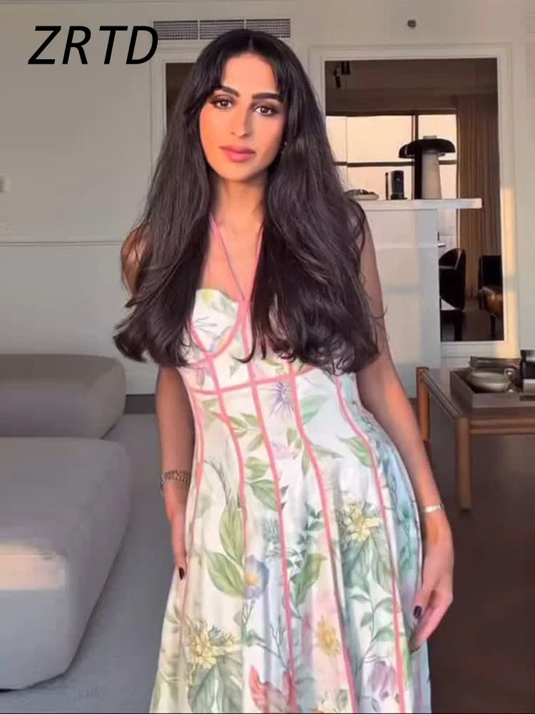 Boho Printed Women's Summer Holiday Halter Long Dress Waist Cinched Pleated Backless Sleeveless A-line Dresses 2026 Beach Robes