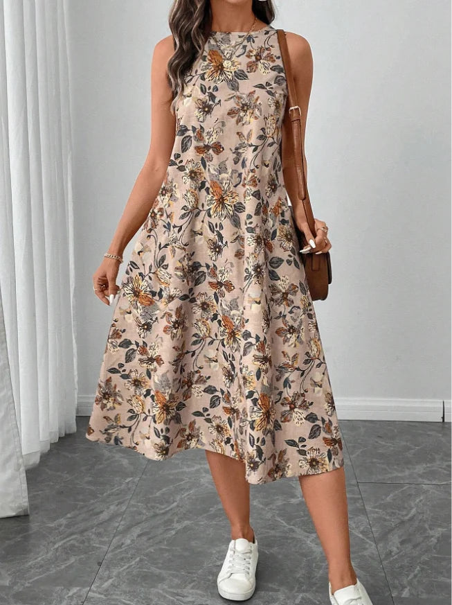 Women's Fashion New Floral Print Pocket A-line Dresses 2025 Summer Casual O-neck Sleeveless Party Midi Dress Woman Beach Dress