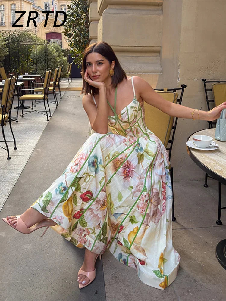 Boho Printed Women's Summer Holiday Halter Long Dress Waist Cinched Pleated Backless Sleeveless A-line Dresses 2026 Beach Robes
