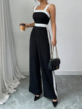 Women's Casual Black Jumpsuit White Contrast Trim Square Neck Great for City Nights Social Gatherings Fashionable Wear