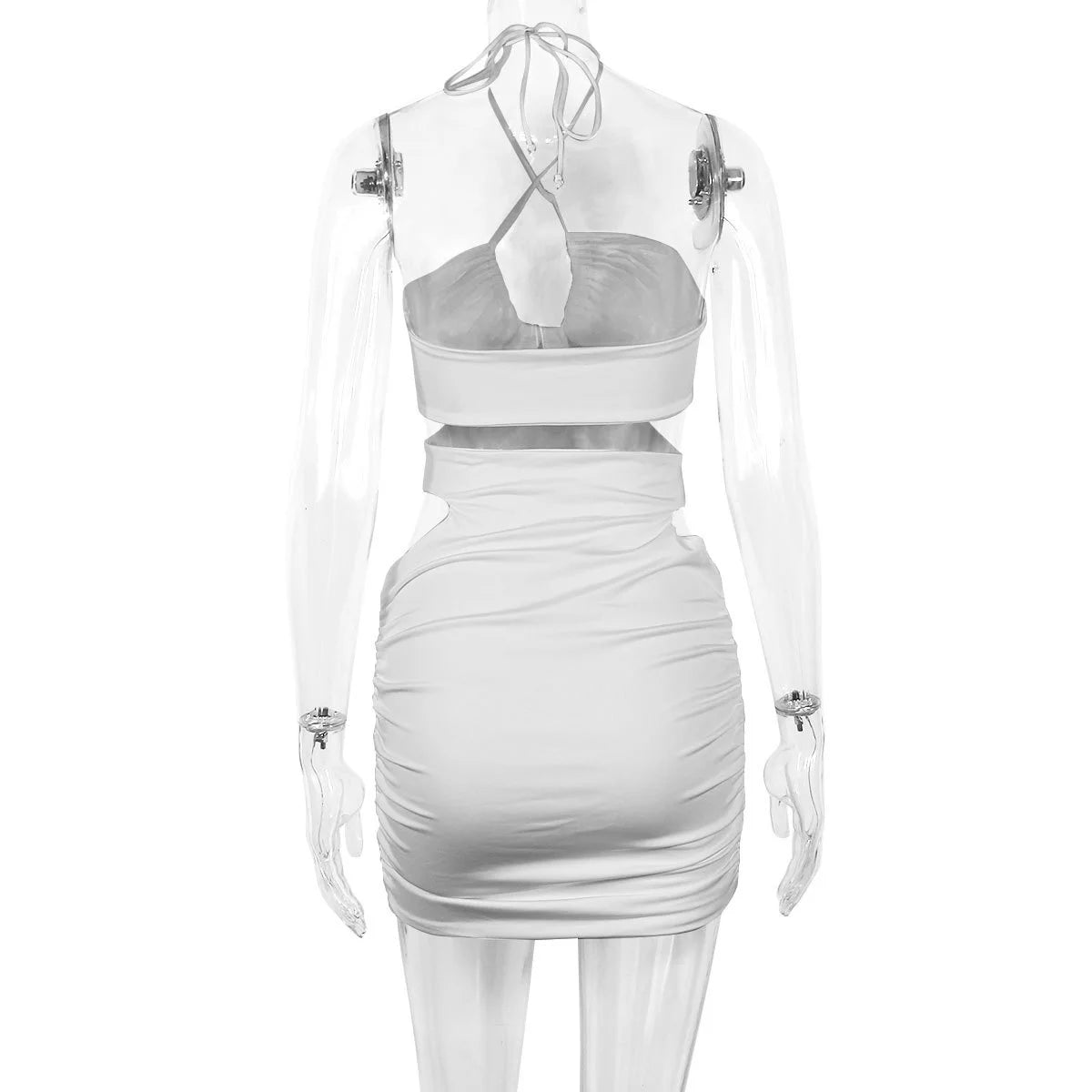 Kesiachiccly Double Layers Ruched Bodycon Dress Women Halter Bandage Mini Dress Summer White Skinny Stretchy Party Vestidos