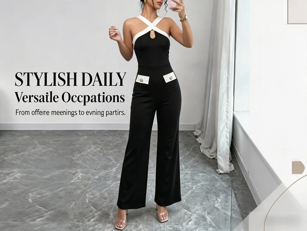 Women's Jumpsuit Crisscross Halter Neck Color-Block Design Wide Legs Pantsuit Casual Spring Summer Party Evening Formal Wear