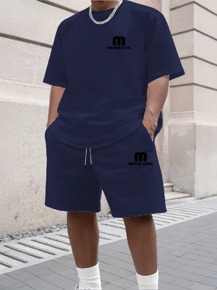 Summer Men's Sports Short Sleeved Shorts Set Street Style M Print Casual 2-piece Set Breathable Loose Fashion Outfit