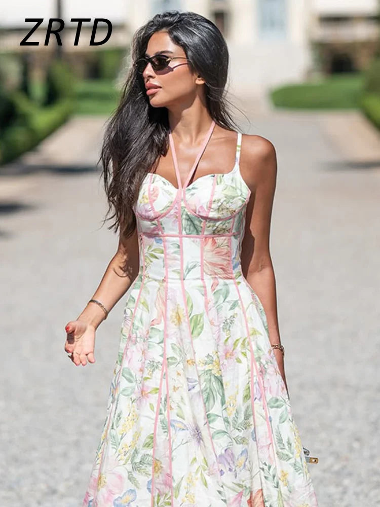 Boho Printed Women's Summer Holiday Halter Long Dress Waist Cinched Pleated Backless Sleeveless A-line Dresses 2026 Beach Robes