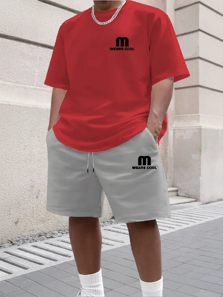 Summer Men's Sports Short Sleeved Shorts Set Street Style M Print Casual 2-piece Set Breathable Loose Fashion Outfit