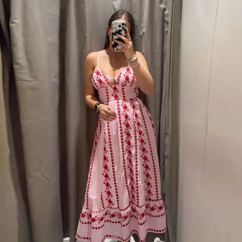 Boho Printed Women's Summer Holiday Halter Long Dress Waist Cinched Pleated Backless Sleeveless A-line Dresses 2026 Beach Robes