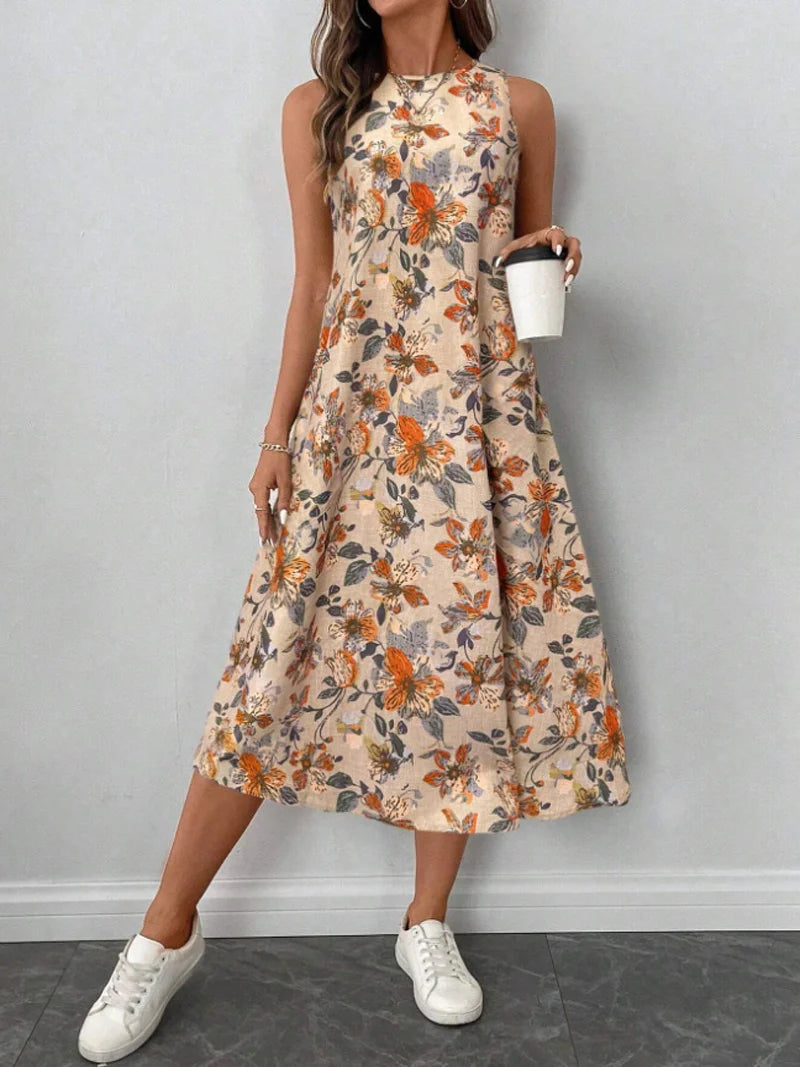 Women's Fashion New Floral Print Pocket A-line Dresses 2025 Summer Casual O-neck Sleeveless Party Midi Dress Woman Beach Dress