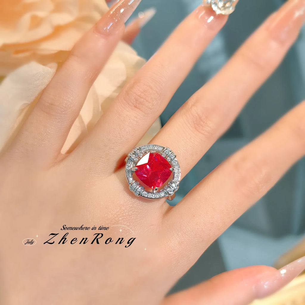 Fashion Red Corundum Ring for Women - Luxury Simulated Blood Red High-Carbon Diamond - Wedding and Engagement Exclusive Jewelry