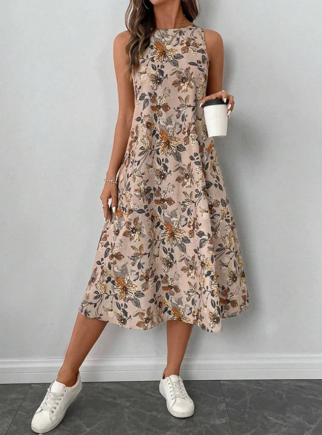 Women's Fashion New Floral Print Pocket A-line Dresses 2025 Summer Casual O-neck Sleeveless Party Midi Dress Woman Beach Dress