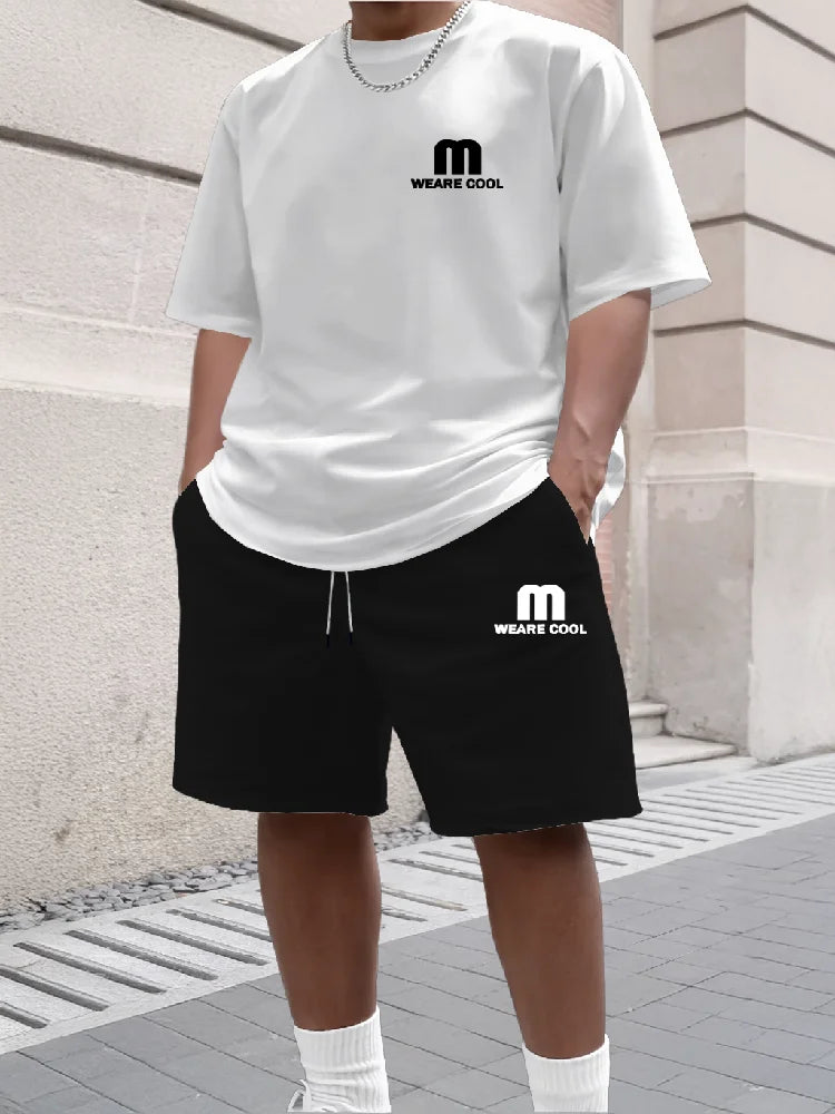 Summer Men's Sports Short Sleeved Shorts Set Street Style M Print Casual 2-piece Set Breathable Loose Fashion Outfit