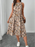 Women's Fashion New Floral Print Pocket A-line Dresses 2025 Summer Casual O-neck Sleeveless Party Midi Dress Woman Beach Dress
