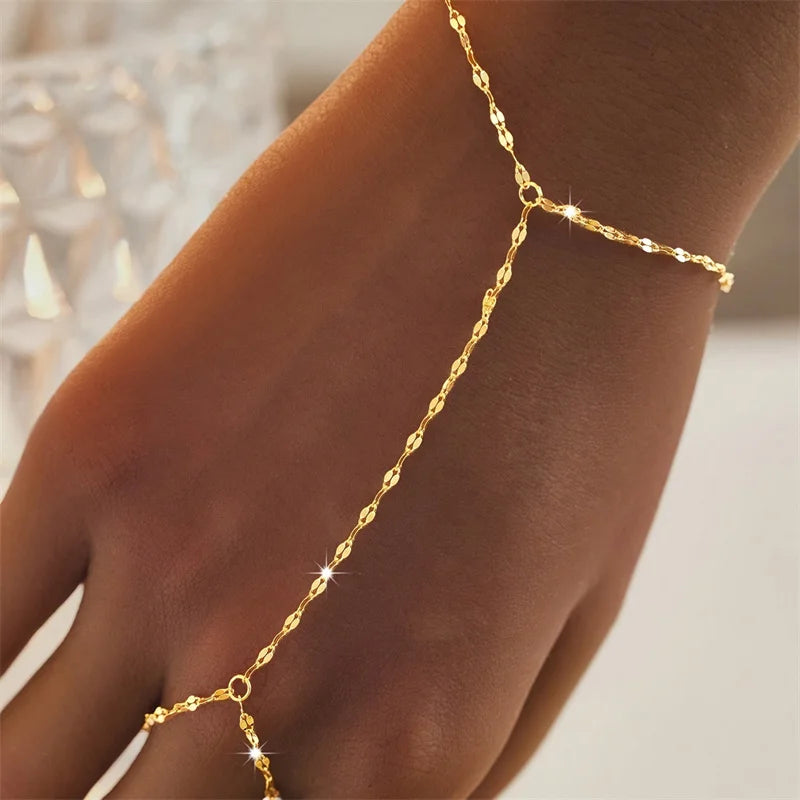 Multilayer Vintage Connected Finger Ring Bracelets for Women Handmade Thin Link Chain Bracelets Friendship Party Jewelry Gifts