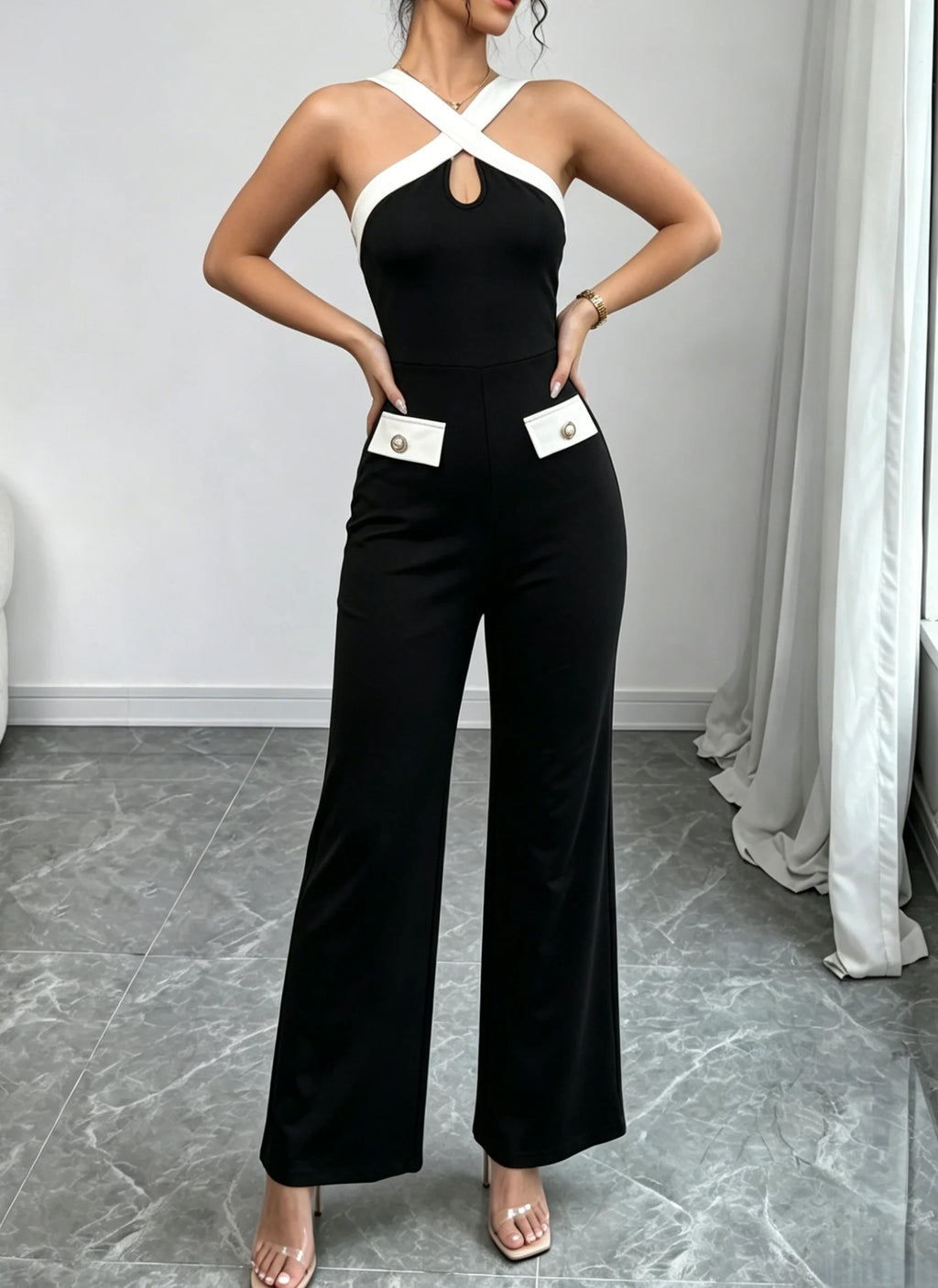 Women's Jumpsuit Crisscross Halter Neck Color-Block Design Wide Legs Pantsuit Casual Spring Summer Party Evening Formal Wear