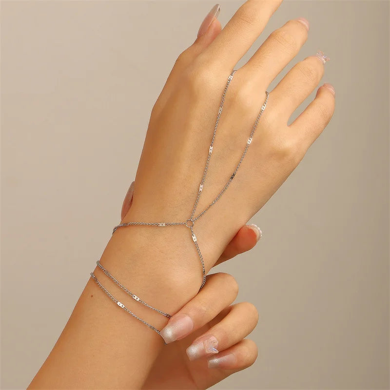 Multilayer Vintage Connected Finger Ring Bracelets for Women Handmade Thin Link Chain Bracelets Friendship Party Jewelry Gifts