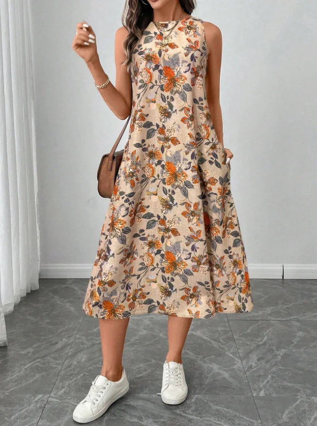 Women's Fashion New Floral Print Pocket A-line Dresses 2025 Summer Casual O-neck Sleeveless Party Midi Dress Woman Beach Dress