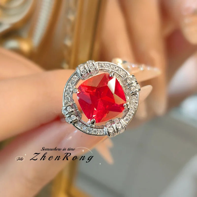 Fashion Red Corundum Ring for Women - Luxury Simulated Blood Red High-Carbon Diamond - Wedding and Engagement Exclusive Jewelry