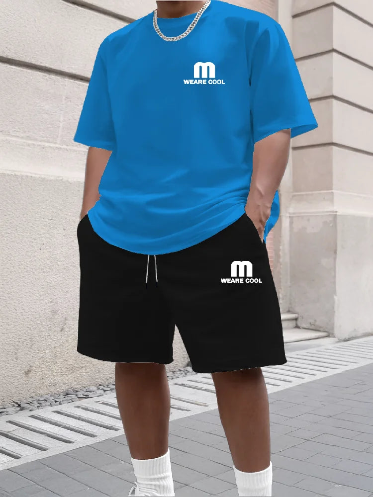 Summer Men's Sports Short Sleeved Shorts Set Street Style M Print Casual 2-piece Set Breathable Loose Fashion Outfit