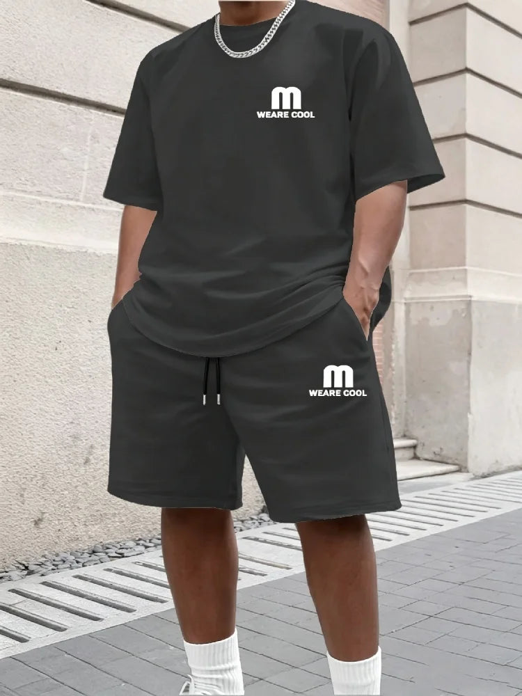 Summer Men's Sports Short Sleeved Shorts Set Street Style M Print Casual 2-piece Set Breathable Loose Fashion Outfit