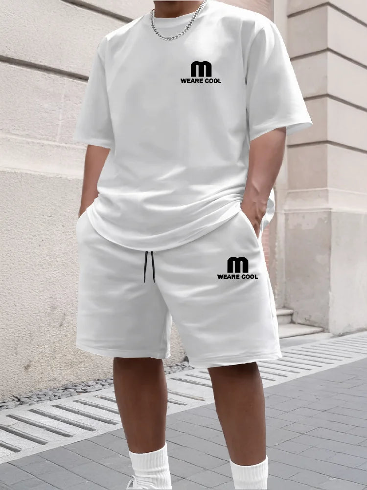 Summer Men's Sports Short Sleeved Shorts Set Street Style M Print Casual 2-piece Set Breathable Loose Fashion Outfit