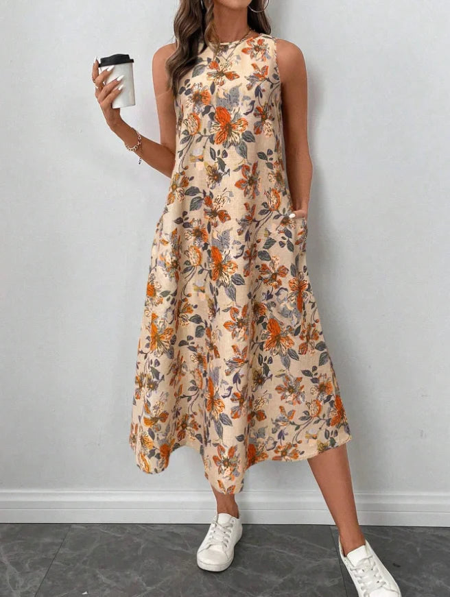 Women's Fashion New Floral Print Pocket A-line Dresses 2025 Summer Casual O-neck Sleeveless Party Midi Dress Woman Beach Dress
