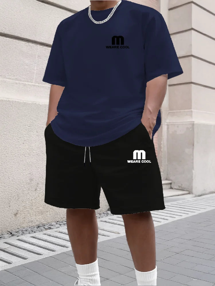 Summer Men's Sports Short Sleeved Shorts Set Street Style M Print Casual 2-piece Set Breathable Loose Fashion Outfit