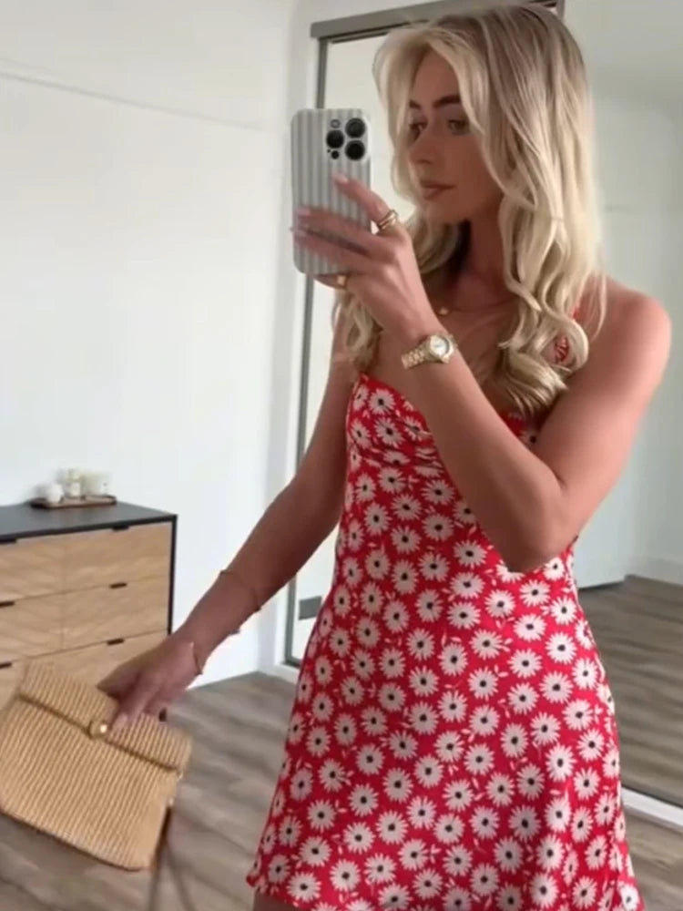 Women Floral Printed Sleeveless Strapless Mini Dresses Summer Female Hangle Neck A-Line Slim Sexy Dress Lady Chic Daily Vestidos