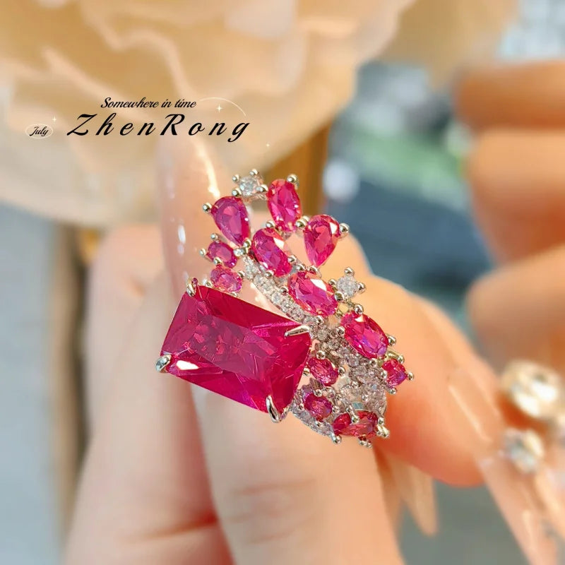 Fashion Red Corundum Ring for Women - Luxury Simulated Blood Red High-Carbon Diamond - Wedding and Engagement Exclusive Jewelry