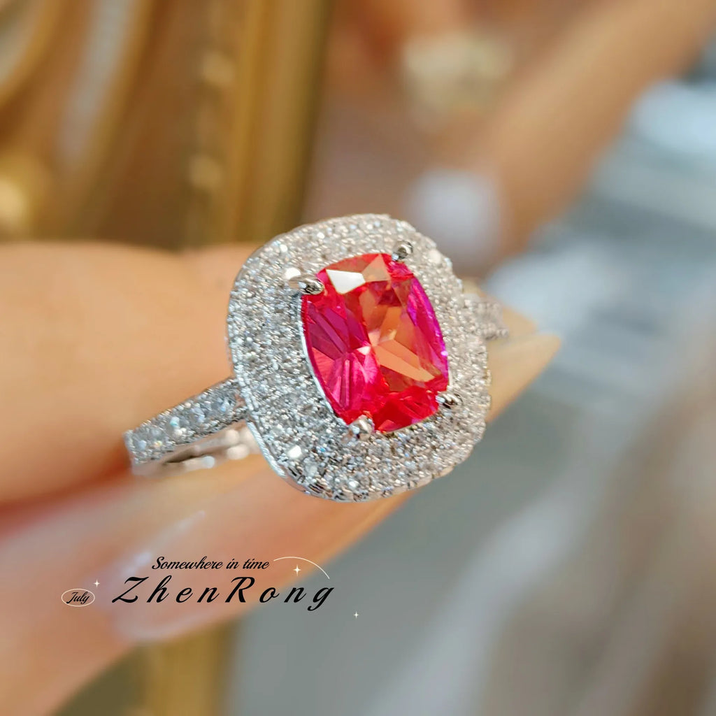 Fashion Red Corundum Ring for Women - Luxury Simulated Blood Red High-Carbon Diamond - Wedding and Engagement Exclusive Jewelry