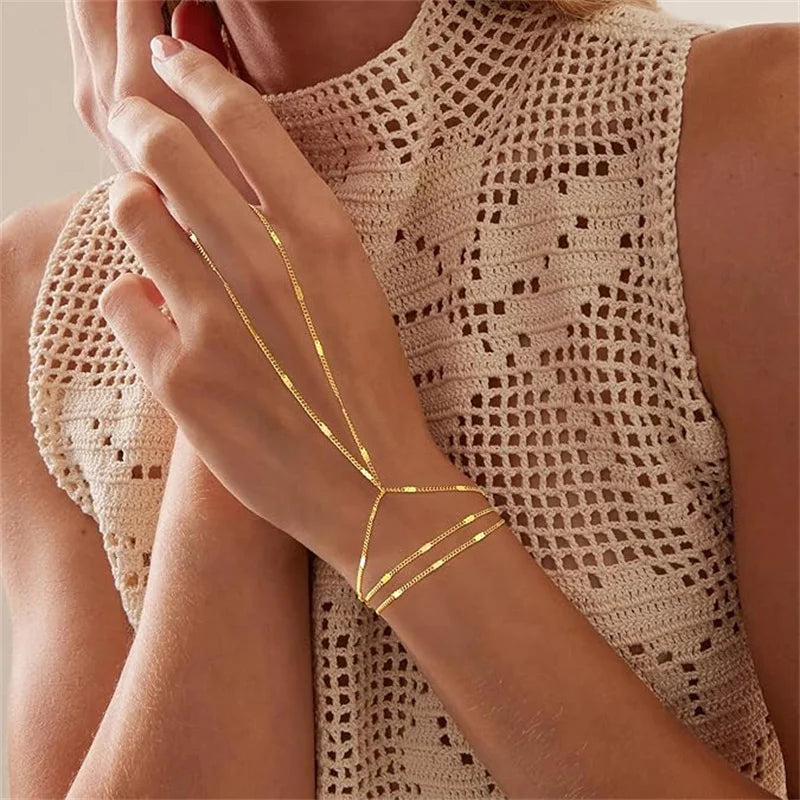 Multilayer Vintage Connected Finger Ring Bracelets for Women Handmade Thin Link Chain Bracelets Friendship Party Jewelry Gifts
