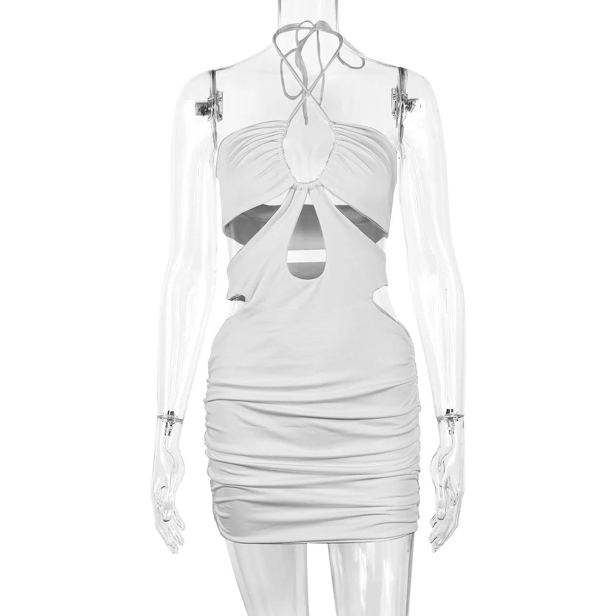 Kesiachiccly Double Layers Ruched Bodycon Dress Women Halter Bandage Mini Dress Summer White Skinny Stretchy Party Vestidos