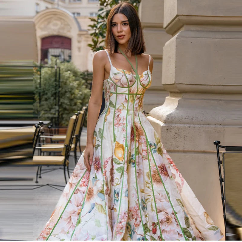 Boho Printed Women's Summer Holiday Halter Long Dress Waist Cinched Pleated Backless Sleeveless A-line Dresses 2026 Beach Robes