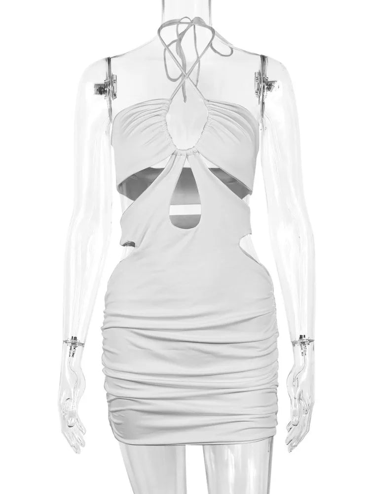 Kesiachiccly Double Layers Ruched Bodycon Dress Women Halter Bandage Mini Dress Summer White Skinny Stretchy Party Vestidos
