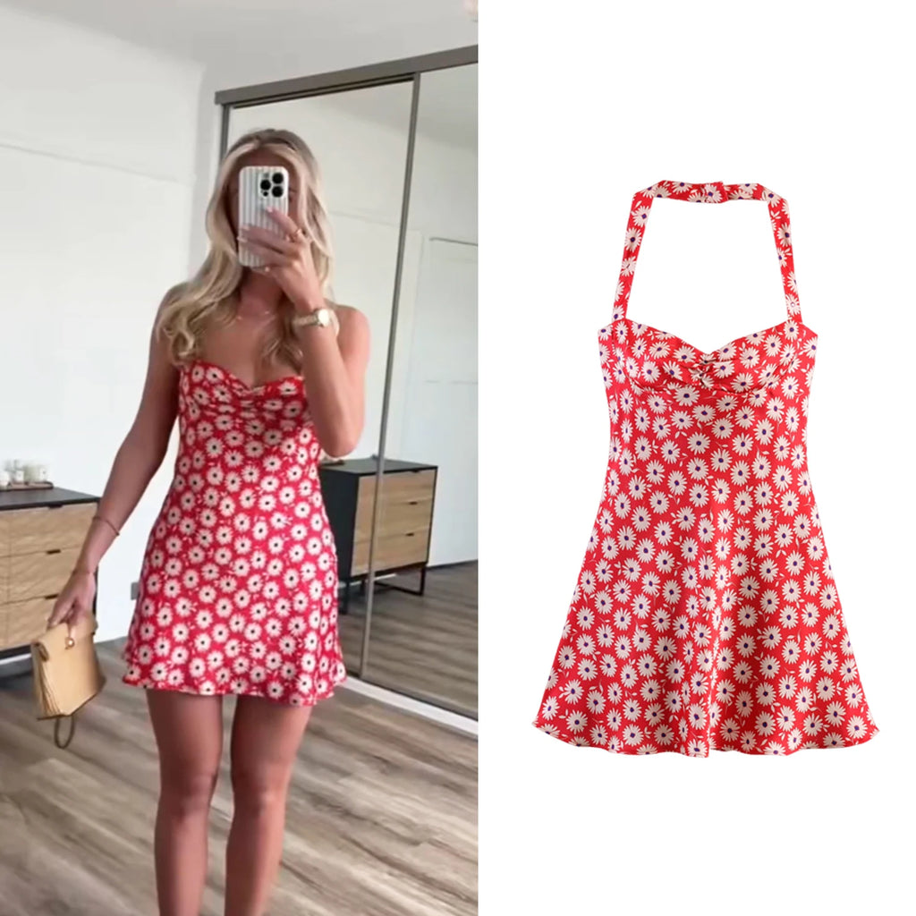 Women Floral Printed Sleeveless Strapless Mini Dresses Summer Female Hangle Neck A-Line Slim Sexy Dress Lady Chic Daily Vestidos