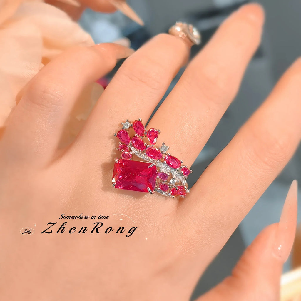 Fashion Red Corundum Ring for Women - Luxury Simulated Blood Red High-Carbon Diamond - Wedding and Engagement Exclusive Jewelry