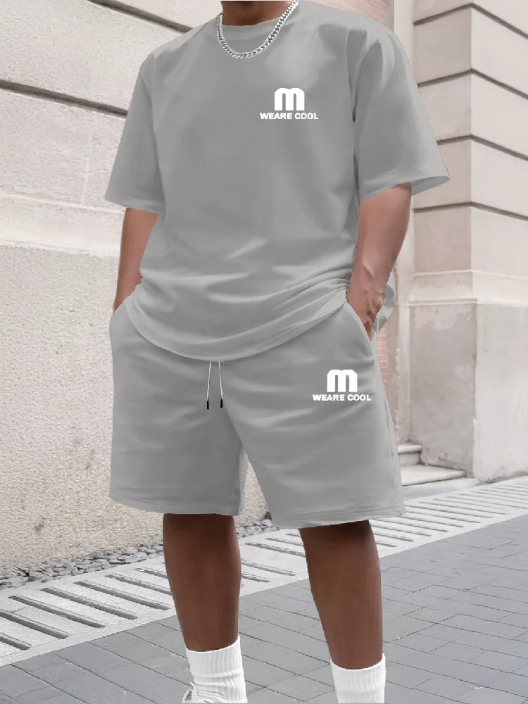 Summer Men's Sports Short Sleeved Shorts Set Street Style M Print Casual 2-piece Set Breathable Loose Fashion Outfit