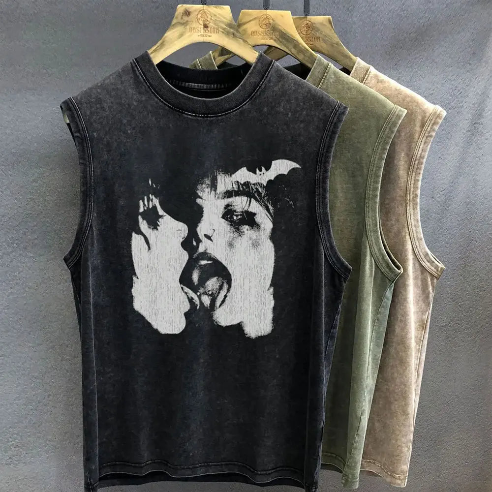 Gothic Graphic T Shirt for Men Vintage Washed Print Tank Tops Oversized Sleeveless Vest Woman Gym Y2k Clothes Streetwear Summer