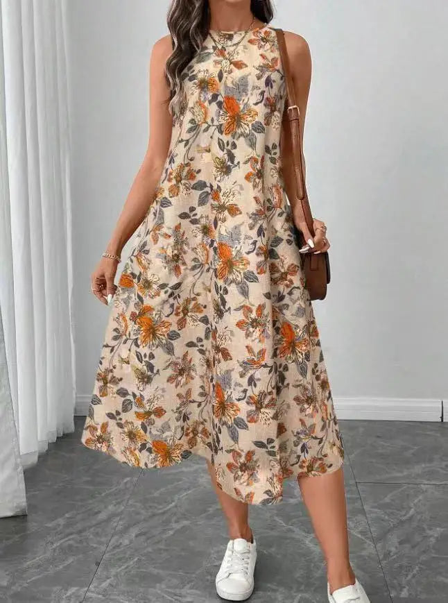 Women's Fashion New Floral Print Pocket A-line Dresses 2025 Summer Casual O-neck Sleeveless Party Midi Dress Woman Beach Dress
